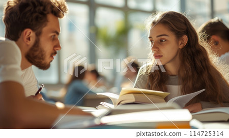 Guy and girl students on campus Guy and girl students on campus 114725314