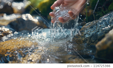 A woman's hand in the cool water of a forest stream 114725366