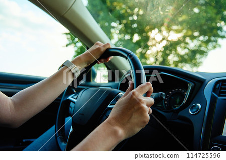 Inside view of woman driving car on countryside road Inside view of woman driving car on countryside road 114725596