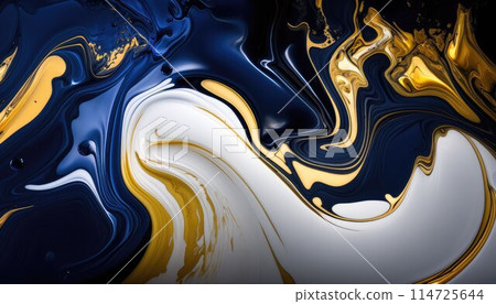 abstract background, dark blue ,white and gold acrylic liquid artistic paints.  114725644