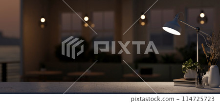 Space for displaying products on a table in a contemporary, dark coffee shop or restaurant at night. Space for displaying products on a table in a contemporary, dark coffee shop or restaurant at night. 114725723