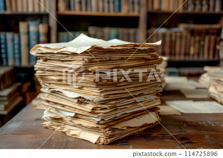 Pile of paper documents on a desk, made with generative AI 114725896