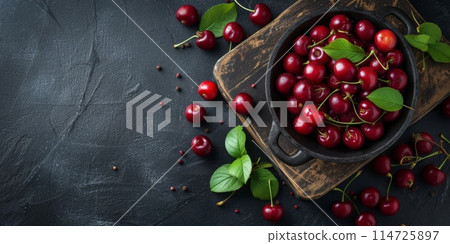 a lots of cherries on top of a wooden table next to a pile of other cherries.ai generative 114725897