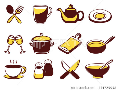 Kitchen utensils in doodle art style, dishes, crockery, tableware, utensil dinnerware, kitchenware 114725958