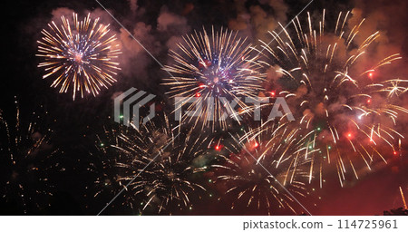 Colorful firework in night time to celebrate national holiday. countdown new year party background. Colorful vibrant Firework celebrate anniversary happy new year 2024, 4th of july holiday festival 114725961