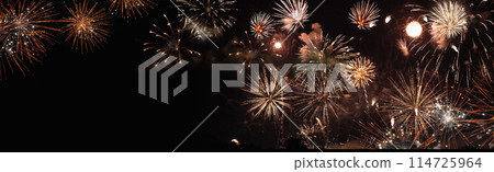 Banner Firework celebrate anniversary happy new year 2024, 4th of july holiday festival. colorful firework celebrate national holiday. Banner countdown new year 2024 party time event with copy space 114725964