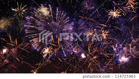 Purple Firework celebrate anniversary happy new year 2024, 4th of july holiday festival. Purple firework in night time celebrate national holiday. Violet firework Countdown to new year 2024 festival 114725965