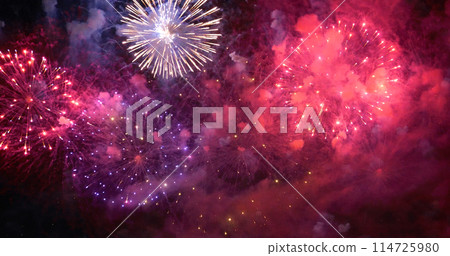 Purple Firework celebrate anniversary happy new year 2024, 4th of july holiday festival. Purple firework in night time celebrate national holiday. Violet firework Countdown to new year 2023 festival 114725980