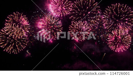 Red Firework celebrate anniversary happy new year 2024, 4th of july holiday festival. red firework in night time celebrate national holiday. Countdown to new year 2024 festival party time event 114726001