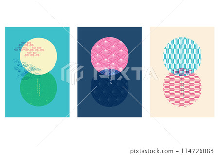Japanese background with line art pattern vector. Abstract template with traditional Minimal geometric pattern in risograph style. Cirlce background in vintage style. 114726083