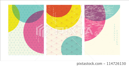 Japanese pattern and icon vector. Oriental wedding invitation and frame background. Geometric pattern and brush stroke decoration. Abstract template in risography style Japanese pattern and icon vector. Oriental wedding invitation and frame background. Geometric pattern and brush stroke decoration. Abstract template in risography style 114726130