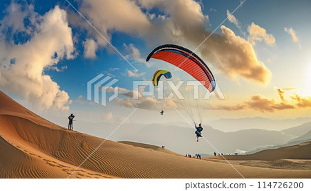 在沙丘上享受滑翔傘的畫面 114726200