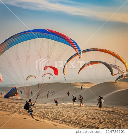 在沙丘上享受滑翔傘的畫面 在沙丘上享受滑翔傘的畫面 114726201