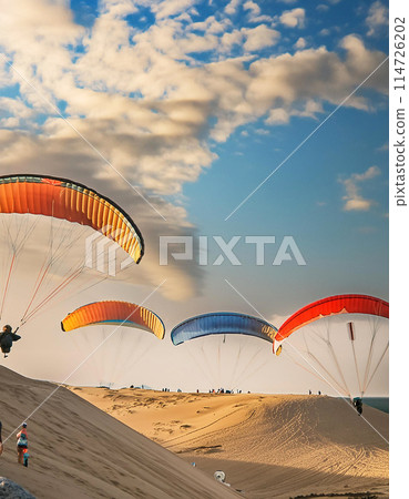在沙丘上享受滑翔傘的畫面 在沙丘上享受滑翔傘的畫面 114726202