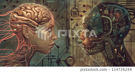 Retro painting style image of AI and the brain linking 114726284