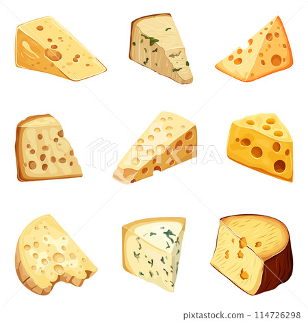 A set of cheeses.Cheddar, mozzarella, maasdam, brie, roquefort, gouda, parmesan. A set of cheeses.Cheddar, mozzarella, maasdam, brie, roquefort, gouda, parmesan. 114726298