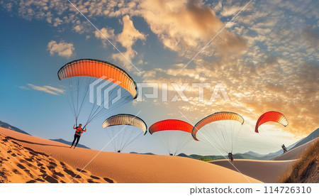 在沙丘上享受滑翔傘的畫面 114726310
