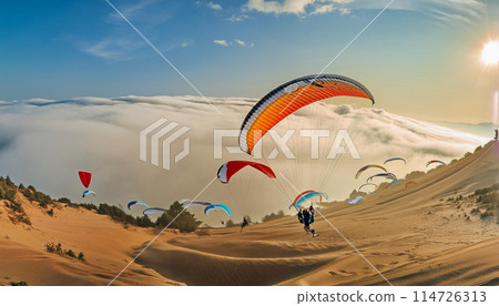 在沙丘上享受滑翔傘的畫面 114726313