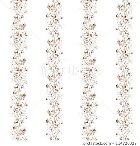 Watercolor seamless pattern floral delicate pastel vintage green violet purple brown bouquet. Hand drawn illustration isolated on white background. Flower and leaves composition for textile 114726322