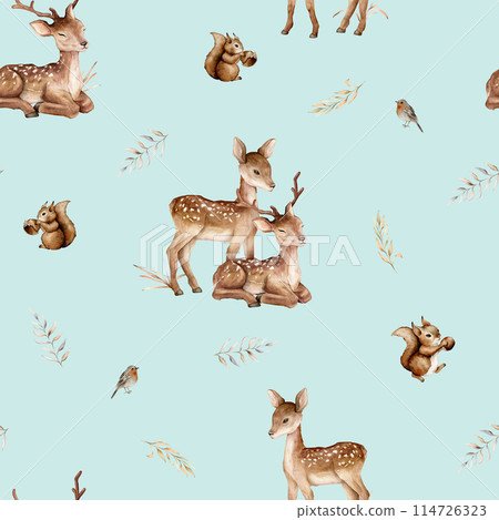 Watercolor seamless pattern with deer and squirrel forest animals and hazelnut. Cute childrens repeat wallpaper muted colored. Flowers and leaves isolated on background. Hand painted illustration 114726323