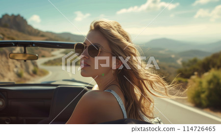 Beautiful girl with flying hair on a summer day in a convertible. 114726465