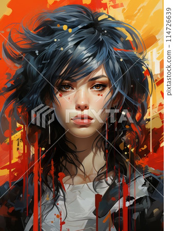 The painting depicts a female figure with electric blue hair 114726639