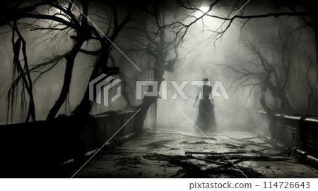 In a dark forest, a woman in a long dress stands under the trees 114726643