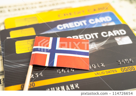 Credit card model with Norway flag, financial investment economy business banking. Credit card model with Norway flag, financial investment economy business banking. 114726654