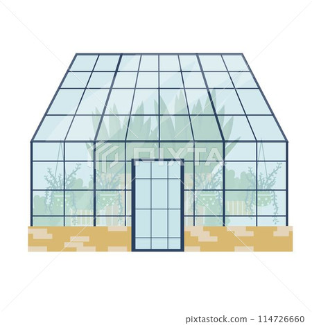 Stylish greenhouse with plants in pots isolated on white background stock vector illustration. Gardening, agriculture, homegrown concept. In trend modern colors 114726660