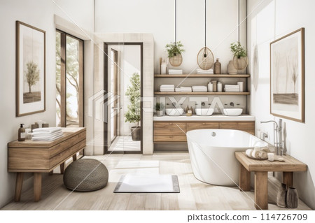 A bathroom with bathtub, sinks, shelves, in rectangle room with wood floor A bathroom with bathtub, sinks, shelves, in rectangle room with wood floor 114726709