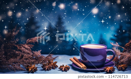 A cup of coffee with cinnamon sticks and star anise on a table 114726713