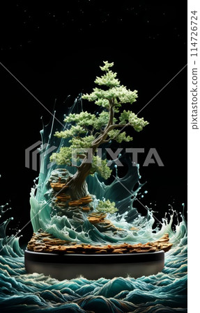 A bonsai tree in a pot placed in the midst of the vast ocean 114726724