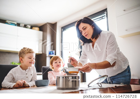 Grandma takes care of the grandchildren while their parents are at work, serving lunch to kids, putting soup in plate. Grandma takes care of the grandchildren while their parents are at work, serving lunch to kids, putting soup in plate. 114726728