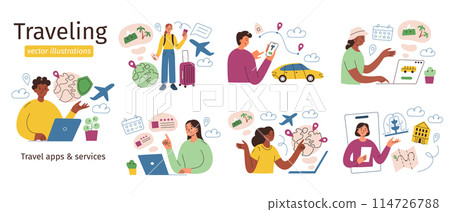 Tourists planning trip set, set of traveling compositions, characters booking flight, hotel, travelers scenes collections, vector illustrations of vacation insurance, mobile apps, services for journey 114726788