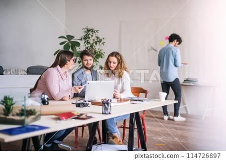 Young group of colleagues working on a new project together in a startup company office. Working in co-working space. Young group of colleagues working on a new project together in a startup company office. Working in co-working space. 114726897