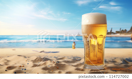 Beer with the ocean in the background 114727002