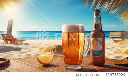 Beer with the ocean in the background 114727004