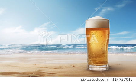 Beer with the ocean in the background Beer with the ocean in the background 114727013