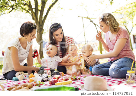 Mothers and babies enjoying group picnic outdoor in park, sitting on picnic blanket and preparing food and drinks. Mothers and babies enjoying group picnic outdoor in park, sitting on picnic blanket and preparing food and drinks. 114727051