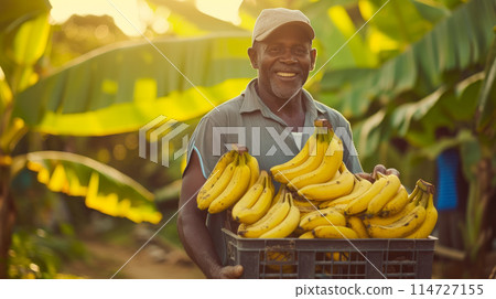 Portrait of a cheerful man with a box of ripe bananas. Portrait of a cheerful man with a box of ripe bananas. 114727155