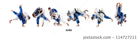 Collage. Two competitive men training judo martial arts, fighting isolated on white background Collage. Two competitive men training judo martial arts, fighting isolated on white background 114727211