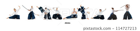 Man and woman, concentrated athletes fighting at Aikido training in martial arts school isolated white background Man and woman, concentrated athletes fighting at Aikido training in martial arts school isolated white background 114727213