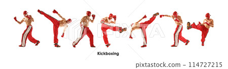 Collage. Shirtless muscular man in red uniform training kickboxing, practicing punches isolated on white background. 114727215