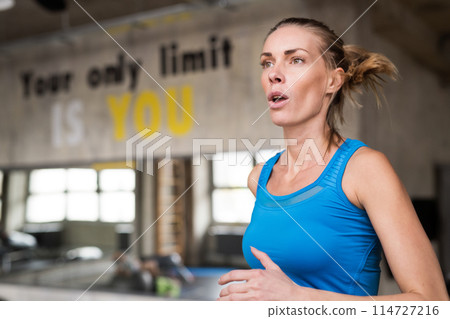 Beautiful sport woman in gym, running on treadmill. Routine workout for woman's physical and mental health. 114727216