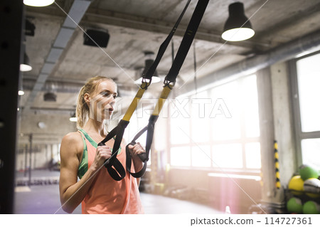 Beautiful sport woman doing suspension training, total resistance exercise. Routine workout for woman's physical and mental health. Beautiful sport woman doing suspension training, total resistance exercise. Routine workout for woman's physical and mental health. 114727361