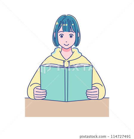 Anime-style female student studying at a desk Anime-style female student studying at a desk 114727491