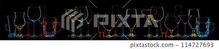Silhouette of multicolor neon different glasses on black background. Silhouette of multicolor neon different glasses on black background. 114727693