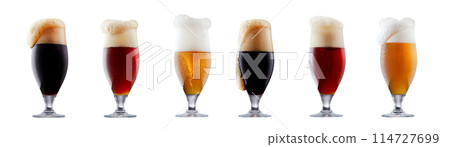 Set of beer cocktails with foam in different glasses and mugs isolated on white background. Set of beer cocktails with foam in different glasses and mugs isolated on white background. 114727699