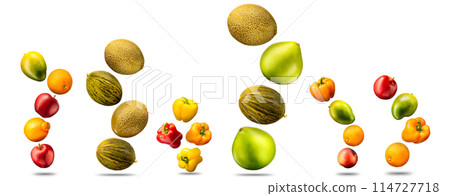 Group of fruits isolated on white background like mango. melon, apple , bell pepper and orange. 114727718