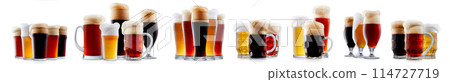 Set of beer cocktails with foam in different glasses and mugs isolated on white background. Set of beer cocktails with foam in different glasses and mugs isolated on white background. 114727719